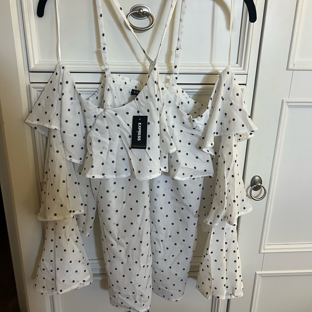 Express White Ruffle Polka Dot Blouse